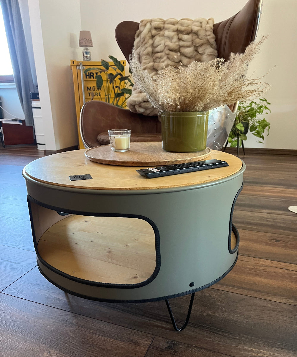 KILLEFIT Designer Fass Nachttisch - 208L Ölfass Couchtisch niedrig Industrial