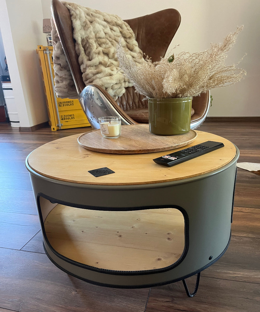 KILLEFIT Designer Fass Nachttisch - 208L Ölfass Couchtisch niedrig Industrial