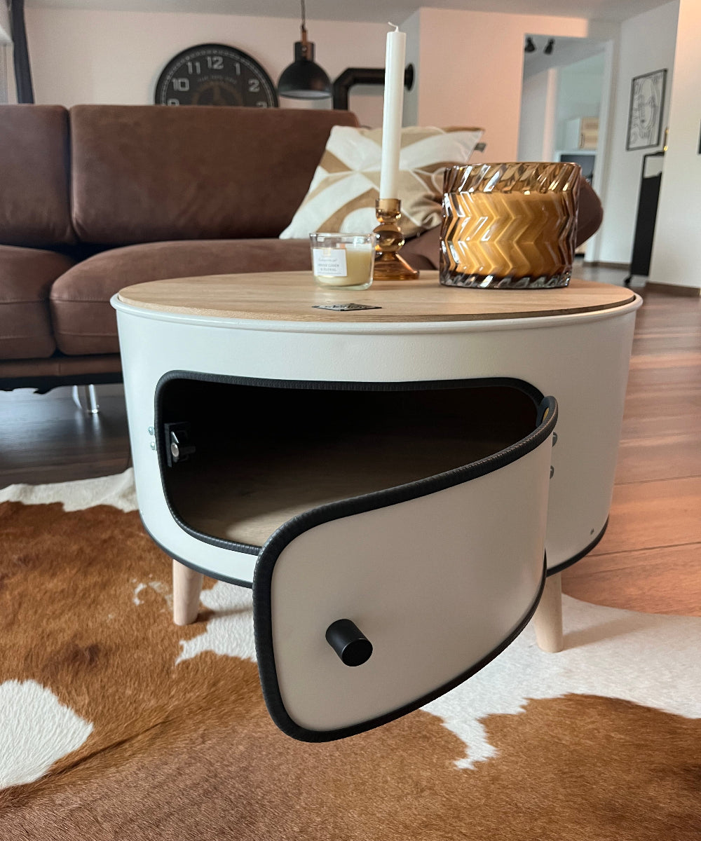 KILLEFIT Designer Fass Nachttisch - 208L Ölfass Couchtisch niedrig Industrial