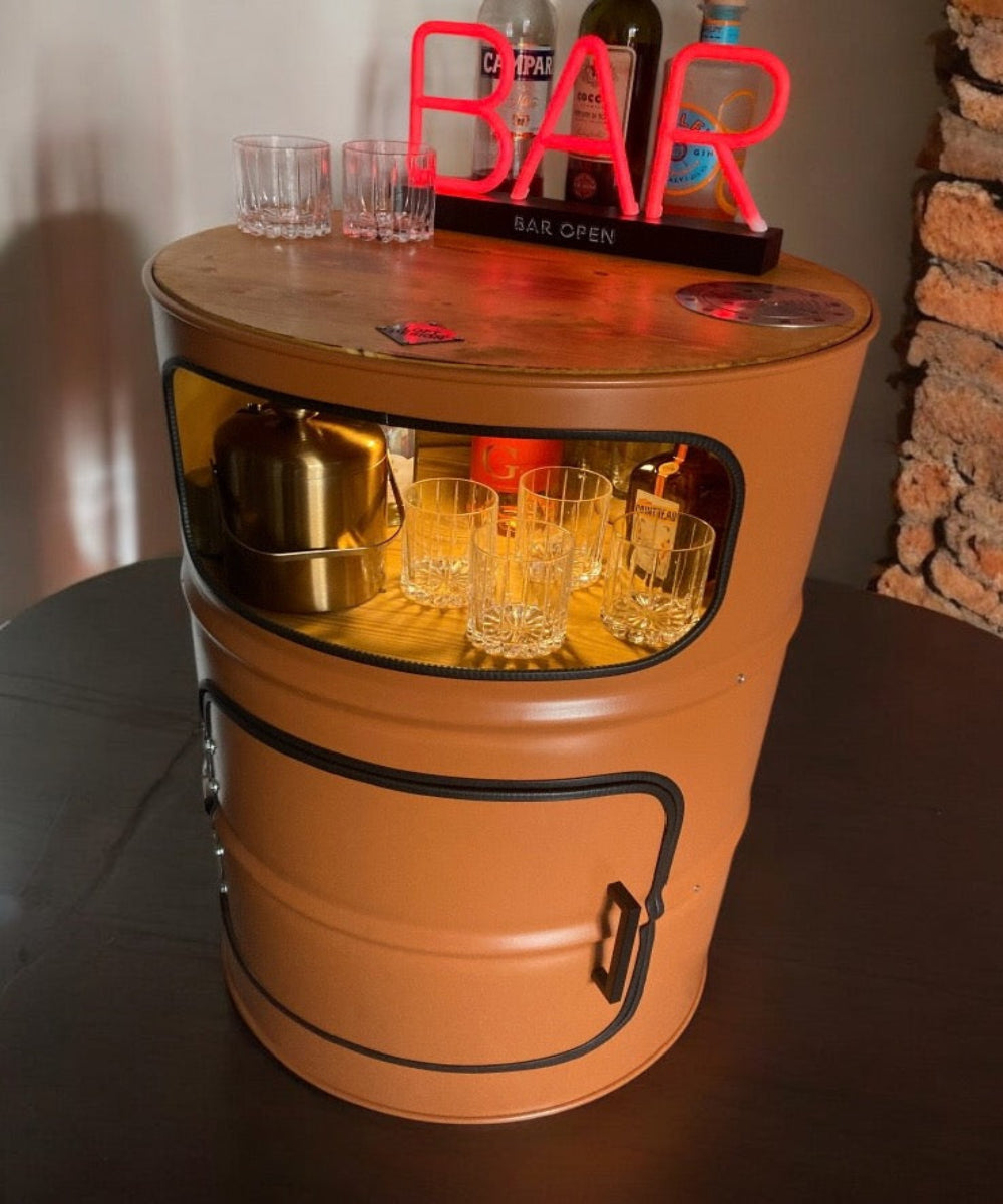 HULK Designer Fass Schrank - 208L Ölfass Premium Minibar mit 3 Brettern