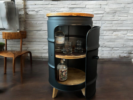 BENNE Designer Fass Minibar - 60L Ölfass Stehtisch mit Tür Industrial Style