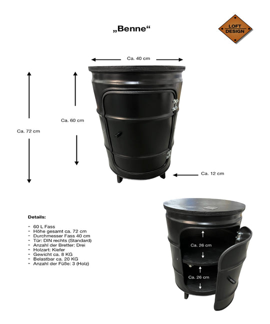 BENNE Designer Fass Minibar - 60L Ölfass Stehtisch mit Tür Industrial Style