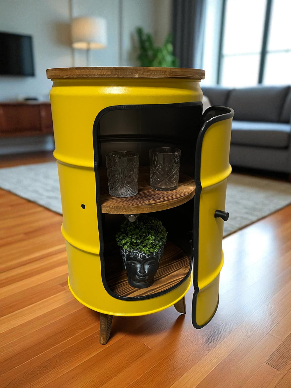 BENNE Designer Fass Minibar - 60L Ölfass Stehtisch mit Tür Industrial Style