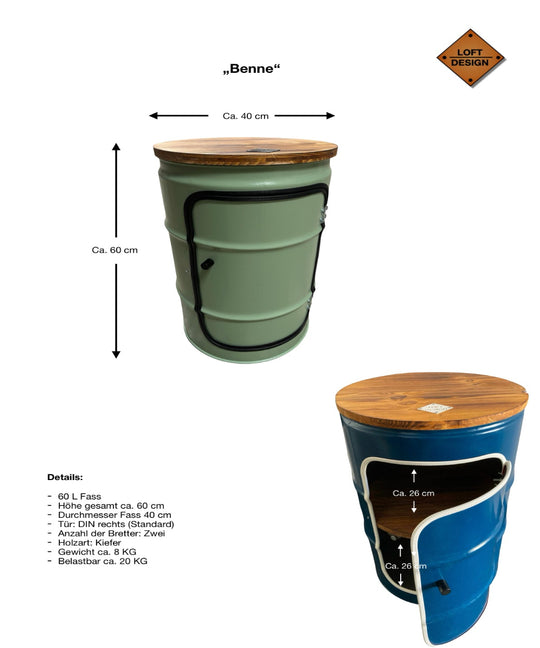 BENNE Designer Fass Minibar - 60L Ölfass Stehtisch mit Tür Industrial Style