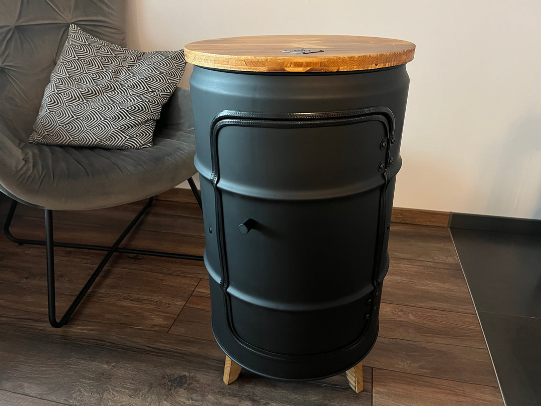 BENNE Designer Fass Minibar - 60L Ölfass Stehtisch mit Tür Industrial Style