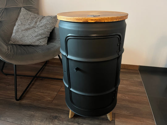 BENNE Designer Fass Minibar - 60L Ölfass Stehtisch mit Tür Industrial Style