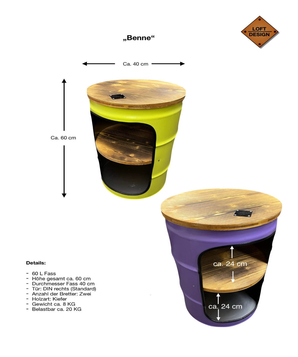 BENNE Designer Fass Minibar - 60L Ölfass Stehtisch mit Tür Industrial Style