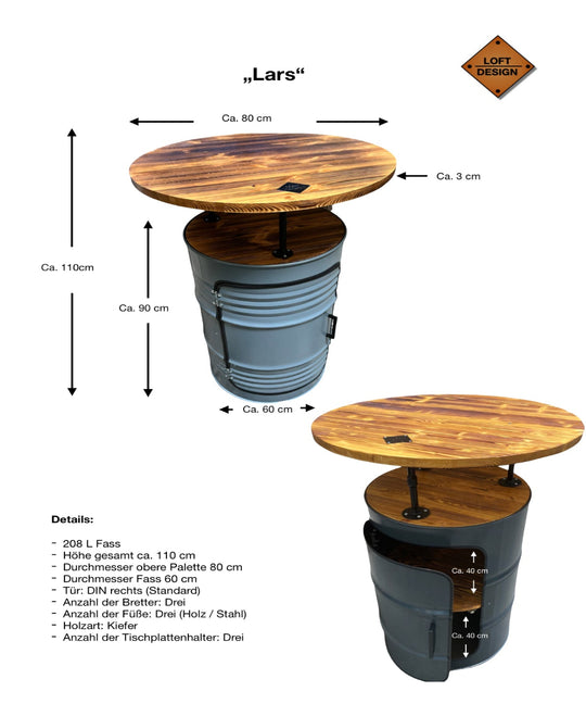 LARS Designer Fass Stehtisch - 208L Ölfass Bartisch 110cm Industrial Style
