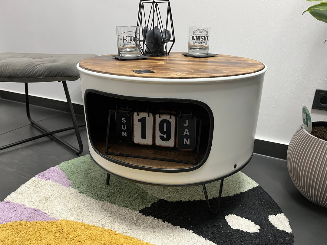 KILLEFIT Designer Fass Nachttisch - 208L Ölfass Couchtisch niedrig Industrial