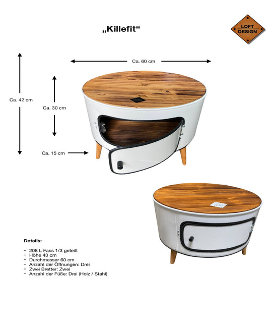 KILLEFIT Designer Fass Nachttisch - 208L Ölfass Couchtisch niedrig Industrial