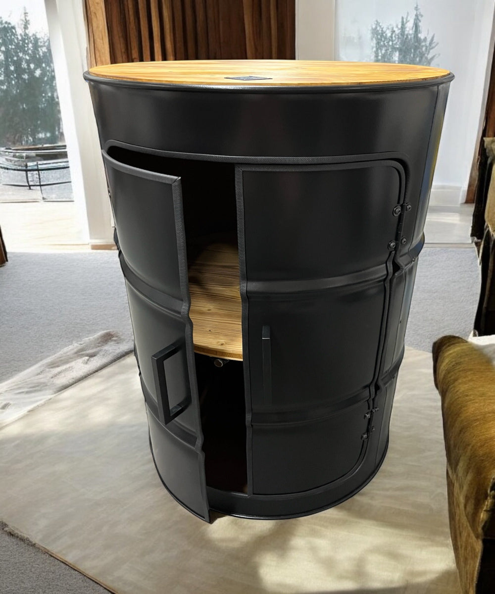 DENNIS Designer Fass Minibar - 208L Ölfass Schrank mit Tür Industrial Style