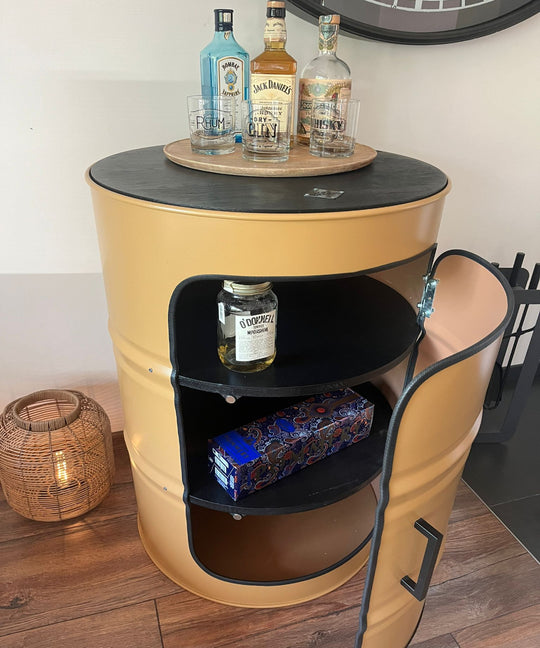 DENNIS Designer Fass Minibar - 208L Ölfass Schrank mit Tür Industrial Style