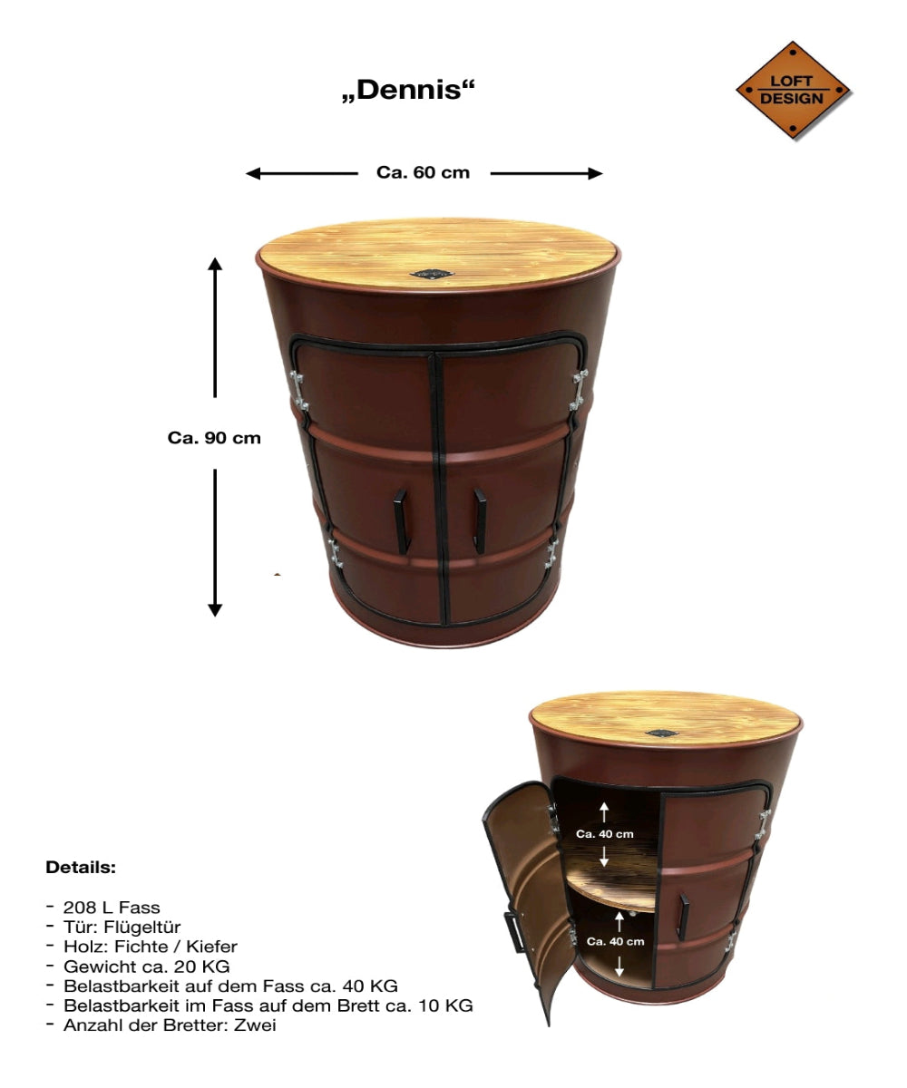 DENNIS Designer Fass Minibar - 208L Ölfass Schrank mit Tür Industrial Style