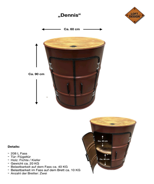 DENNIS Designer Fass Minibar - 208L Ölfass Schrank mit Tür Industrial Style
