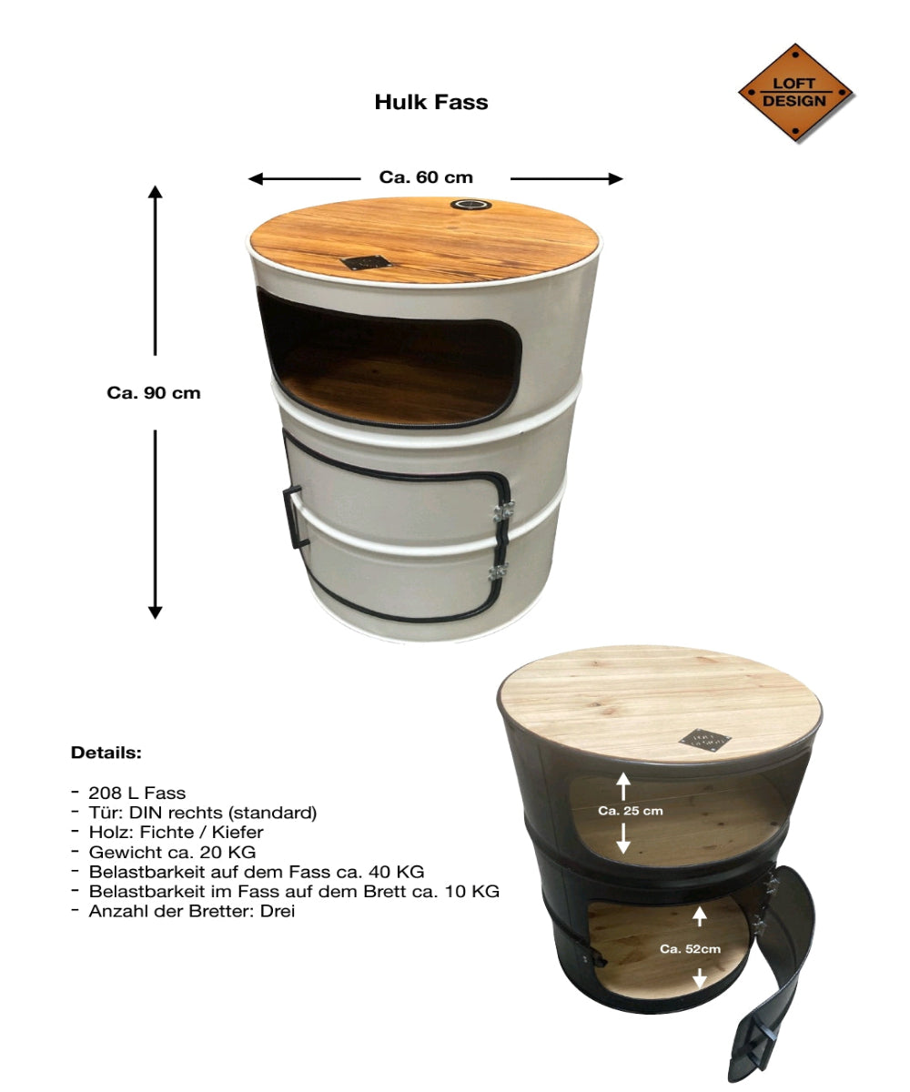HULK Designer Fass Schrank - 208L Ölfass Premium Minibar mit 3 Brettern