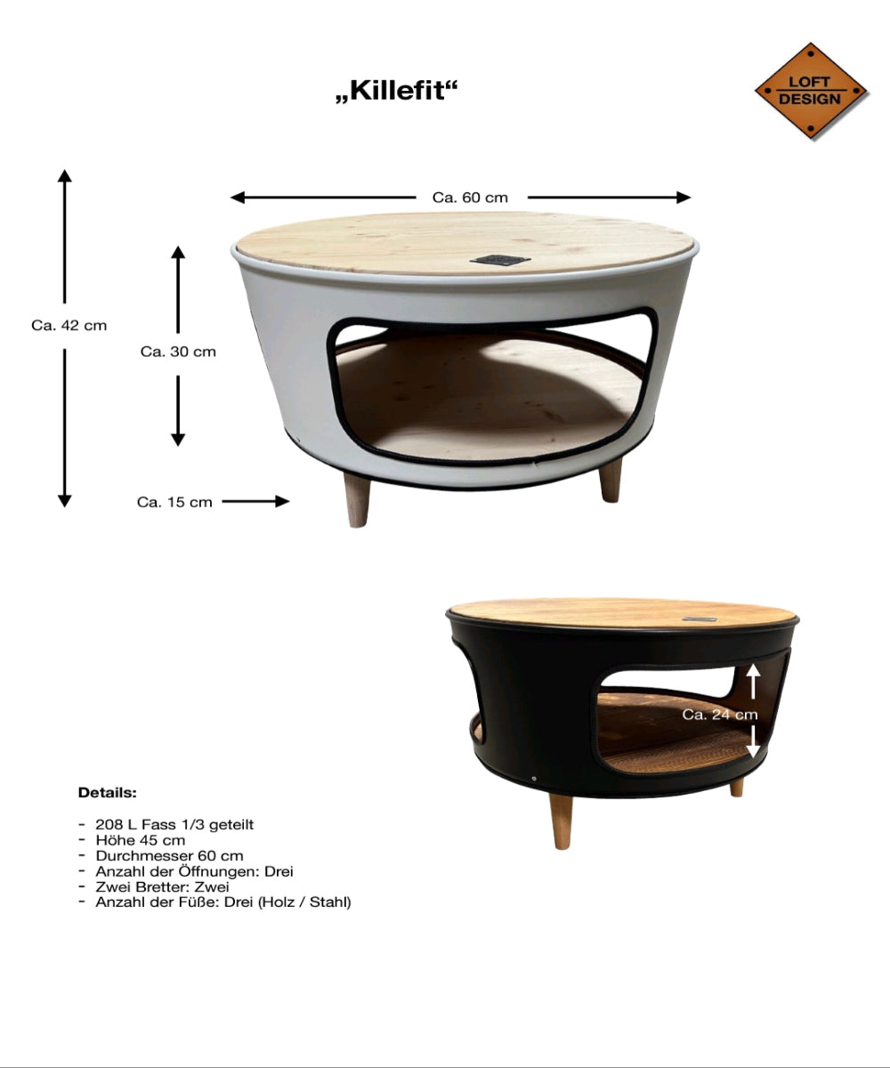 KILLEFIT Designer Fass Nachttisch - 208L Ölfass Couchtisch niedrig Industrial
