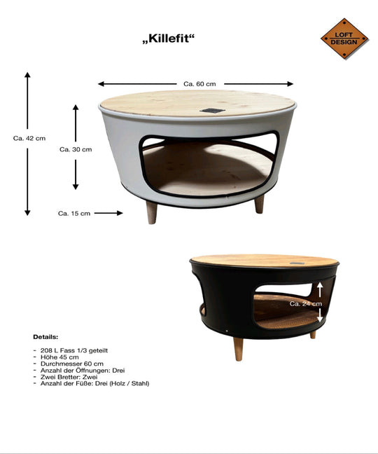 KILLEFIT Designer Fass Nachttisch - 208L Ölfass Couchtisch niedrig Industrial