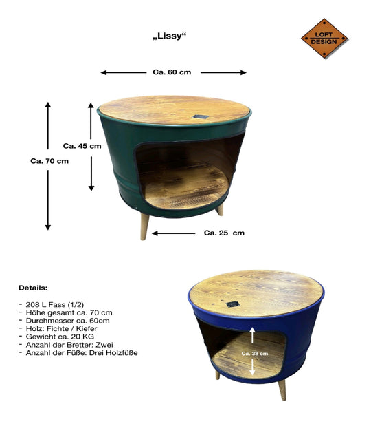 LISSY Designer Fass Couchtisch - 208L Ölfass Beistelltisch Industrial Style
