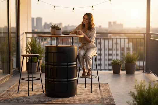 LARS MASSIV Designer Fass Stehtisch - 208L Ölfass Bartisch 110cm Industrial Style