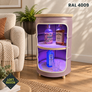 BENNE Minibar in RAL 4009 mit Naturholz und violetter Innenbeleuchtung