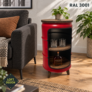 BENNE in RAL 3001 als offene Minibar mit Holzfüßen