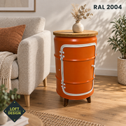 BENNE in RAL 2004 mit weißem Türabschluss und Holzfüßen