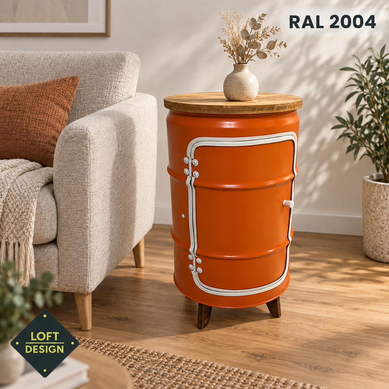 BENNE in RAL 2004 mit weißem Türabschluss und Holzfüßen