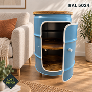 BENNE in RAL 5024 mit geöffneter Tür und Holzablagen