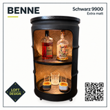 BENNE Schwarz 9900 – Extra matt (Sonderfarbe), mit goldenem Fächermuster, Beleuchtung und Bardekoration
