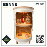 BENNE RAL 9001 mit Wellenmuster, Holzfüßen, Beleuchtung und Bardekoration – Beispielausführung