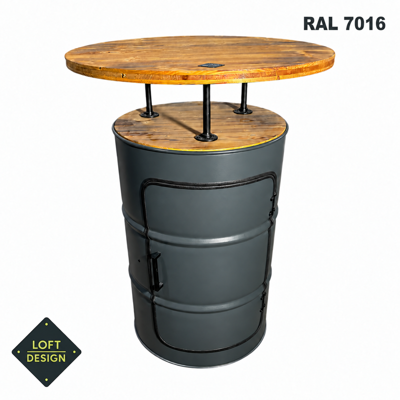 LARS MASSIV mit Tür in RAL 7016 – Holzplatten und anthrazitfarbenes Fass