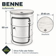 BENNE – Maßzeichnung: Ø 40 cm, Höhe 60 cm ohne Füße oder Rollen.