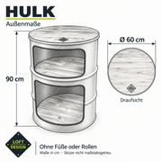 HULK – Außenmaße: Ø 60 cm, Höhe 90 cm ohne Füße oder Rollen.