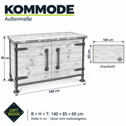 KOMMODE – Außenmaße B × H × T: 140 × 85 × 60 cm.
