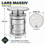 LARS MASSIV – Außenmaße: Höhe 110 cm, Tischplatte Ø 80 cm, Fass Ø 60 cm, ohne Rollen.