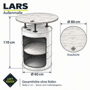 LARS – Außenmaße: Höhe 110 cm, Tischplatte Ø 80 cm, Fass Ø 60 cm, ohne Rollen.