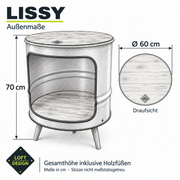 LISSY – Außenmaße: Ø 60 cm, Gesamthöhe 70 cm inklusive Holzfüßen.