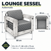 LOUNGE SESSEL – Außenmaße B × H × T: 80 × 65 × 75 cm.