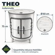THEO – Außenmaße: Ø 60 cm, Gesamthöhe 75 cm inklusive Holzfüßen.
