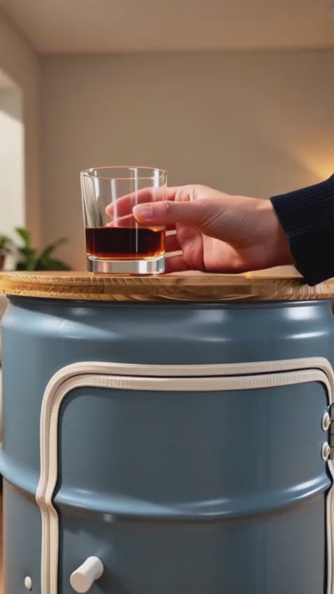 BENNE Designer Fass Minibar - 60L Ölfass Stehtisch mit Tür Industrial Style